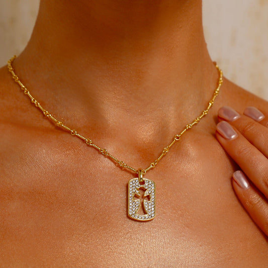 Hollow Cross Pavé Pendant Necklace - 18K Gold Plated - Necklace - ONNNIII