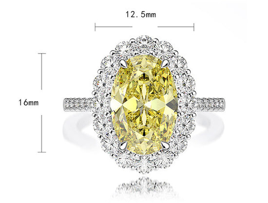 5.6 ct Halo Oval Brilliant Cut High Carbon Diamond Pavé Ring - Rhodium Plated Sterling Silver - Yellow - Ring - ONNNIII