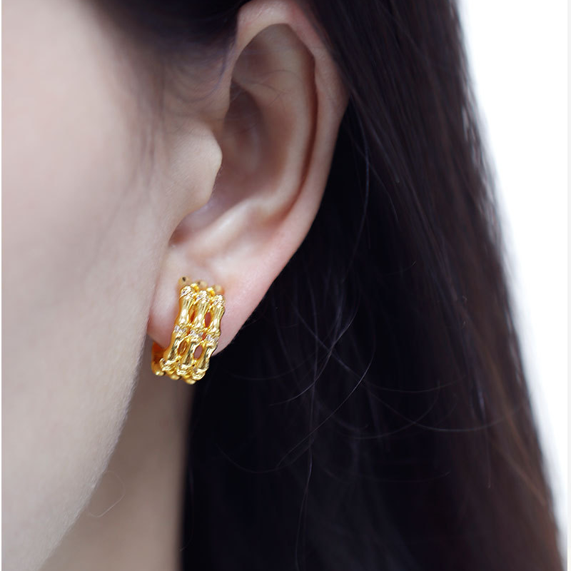 Bamboo Triple Band Clip-On Earrings - CZ Inlaid - 18K Gold Plated - Clip-On Earrings - ONNNIII