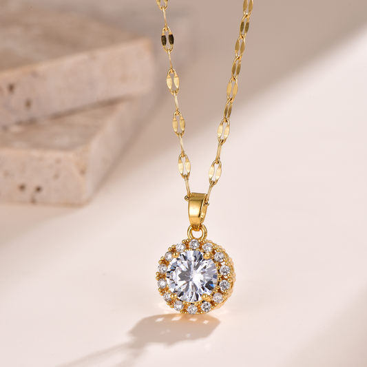 Halo Round Cut CZ Pendant Necklace - 18K Gold Plated - Hypoallergenic - White - Necklace - ONNNIII