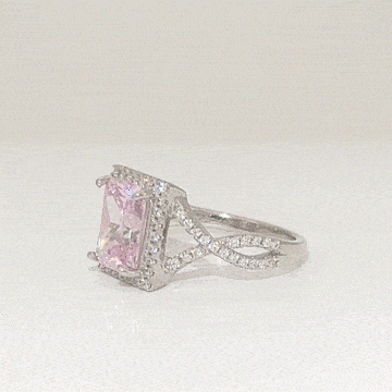 Halo Radiant Cut High Carbon Diamond Pavé Ring - Rhodium Plated Sterling Silver - Pink - Ring - ONNNIII