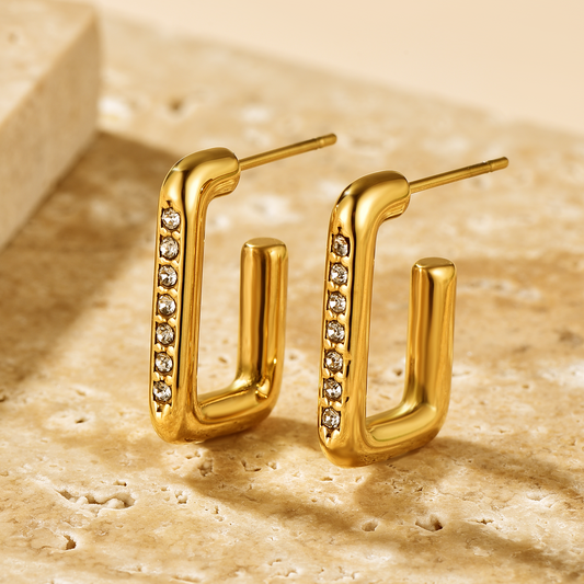 Rectangular Pavé Block Hoop - 18K Gold Plated - Hypoallergenic - Earrings - ONNNIII