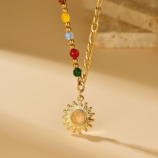 Sun Pendant Coloured Stone and Gold Ball Beaded Chain Necklace - 18K Gold Plated - Hypoallergenic - Necklace - ONNNIII