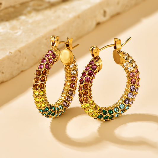 Coloured Crystal Pavé Hoops - Unisex - 18K Gold Plated - Hypoallergenic - Large - Earrings - ONNNIII