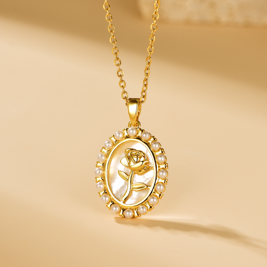 Rose Pendant Necklace Inlaid with Pearl - 18K Gold Plated - Hypoallergenic - Necklace - ONNNIII