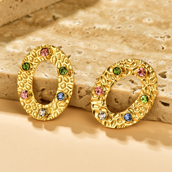 Textured Circle Stud Earrings Inlaid with Coloured CZ - 18K Gold Plated - Hypoallergenic - Earrings - ONNNIII