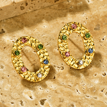 Textured Circle Stud Earrings Inlaid with Coloured CZ - 18K Gold Plated - Hypoallergenic - Earrings - ONNNIII