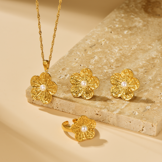 Blossom Set 1 | Necklace Earrings Ring | Gold - ONNNIII