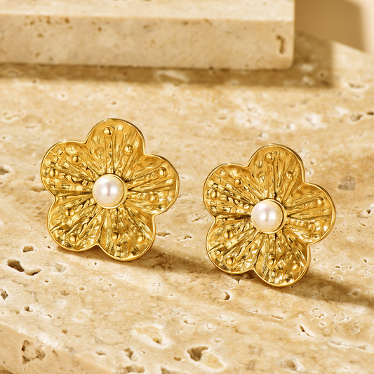 Flower Earrings Inlaid with Pearl - Gold - Earrings - ONNNIII