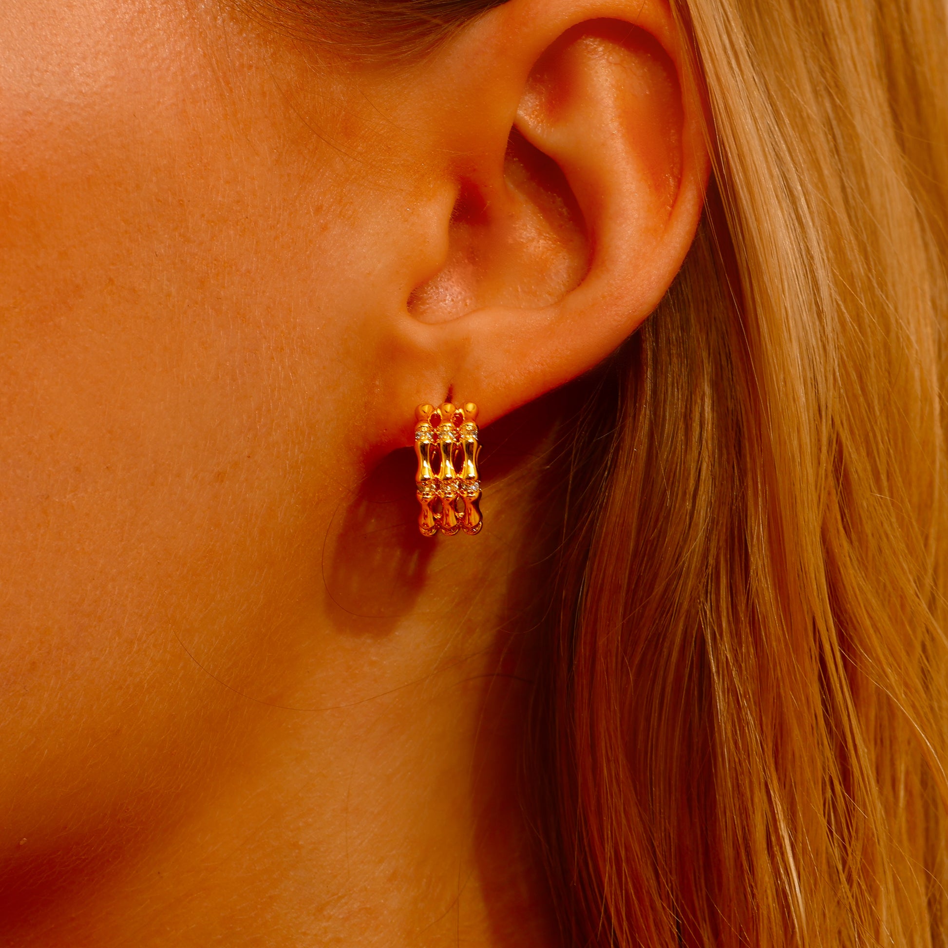 Bamboo Triple Band Stud Earrings - CZ Inlaid - 18K Gold Plated - Earrings - ONNNIII