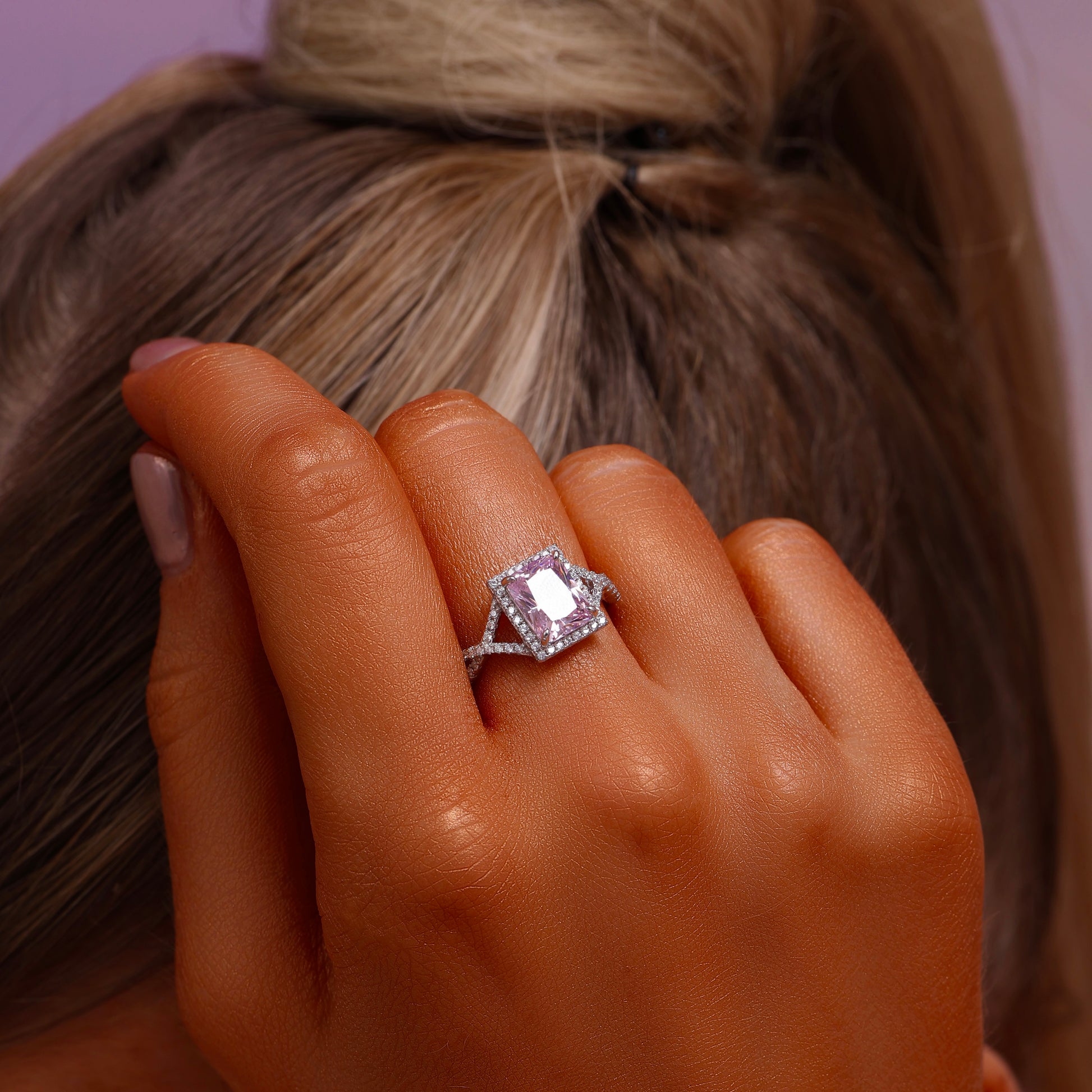 Halo Radiant Cut High Carbon Diamond Pavé Ring - Rhodium Plated Sterling Silver - Pink - Ring - ONNNIII
