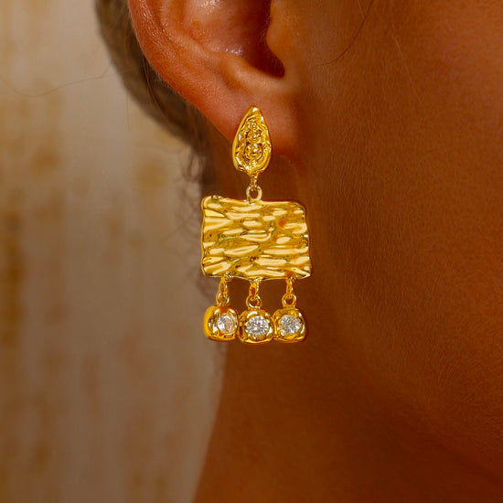 Wave Textured CZ Inlaid Drop Earrings - 18K Gold Plated - Earrings - ONNNIII