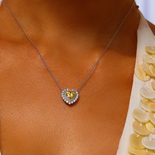 Double Halo Heart Cut High Carbon Diamond Pendant Necklace - Rhodium Plated Sterling Silver - Yellow - Necklace - ONNNIII