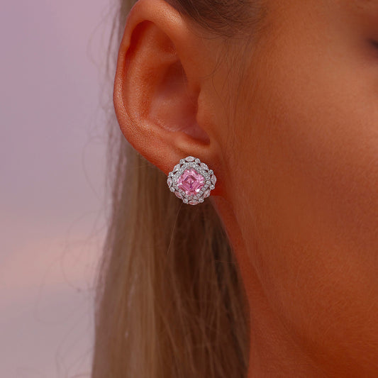 Double Halo Asscher Cut High Carbon Diamond Stud Earrings - Rhodium Plated Sterling Silver - Pink - Earrings - ONNNIII