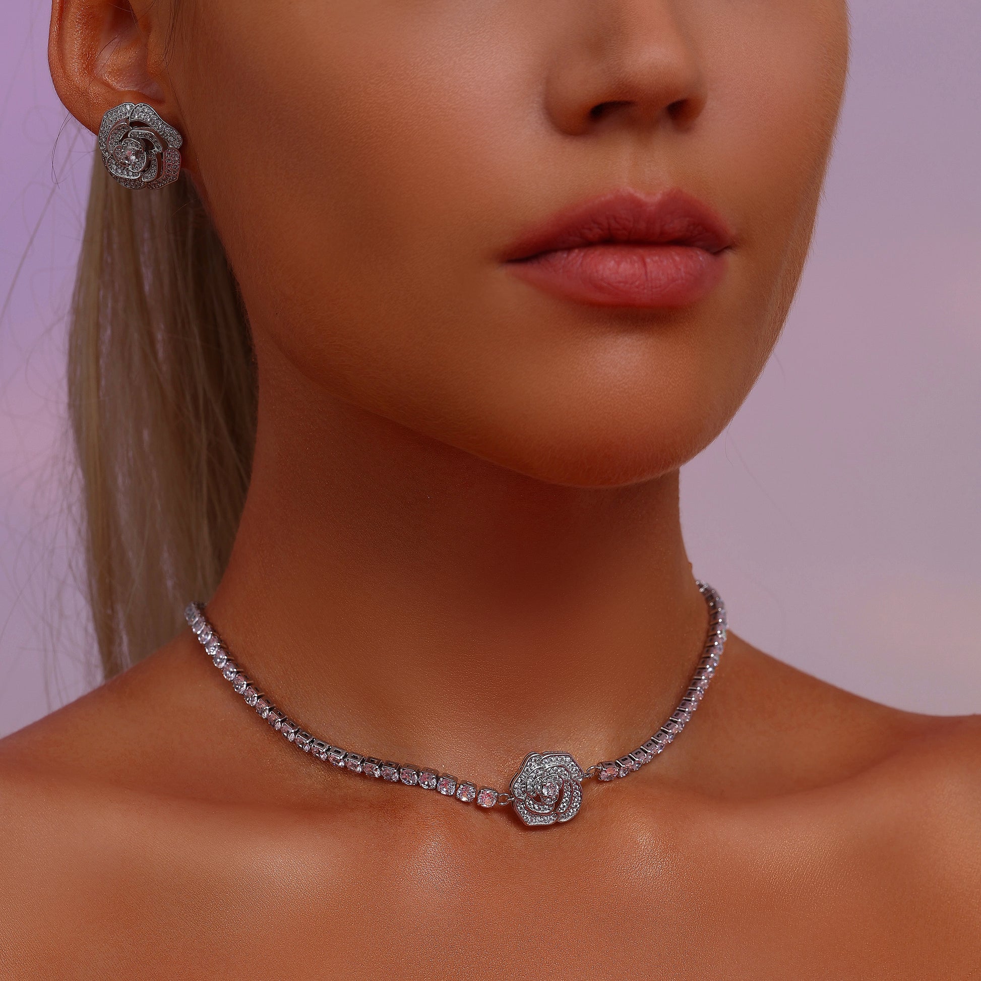 Rose Pendant Tennis Choker Necklace - Cubic Zirconia - Necklace - ONNNIII