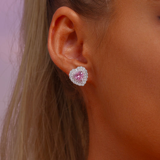 Double Halo Heart Cut High Carbon Diamond Stud Earrings - Rhodium Plated Sterling Silver - Pink - Earrings - ONNNIII