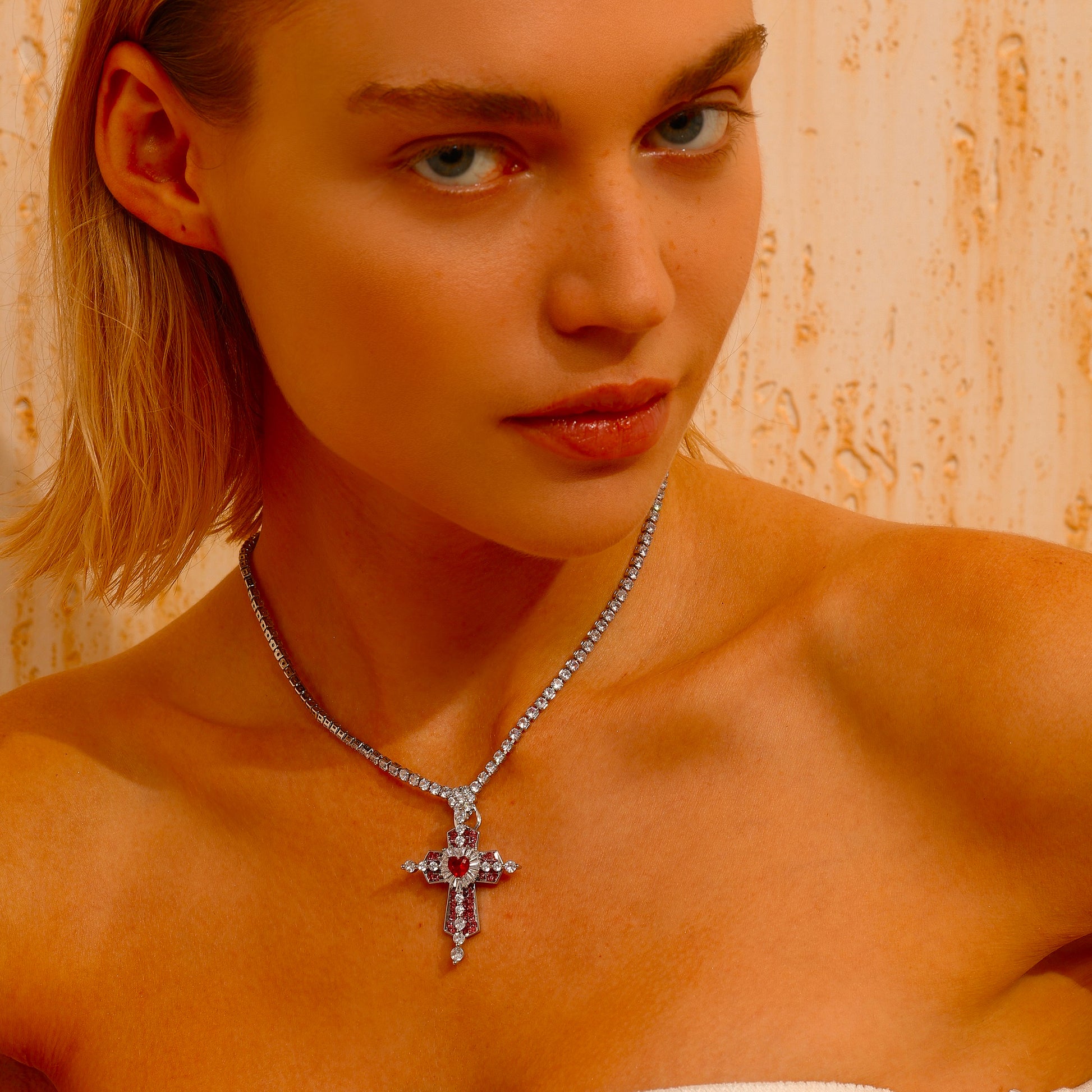 Red Heart Pavé Cross Pendant Tennis Necklace - Unisex - Cubic Zirconia - Necklace - ONNNIII