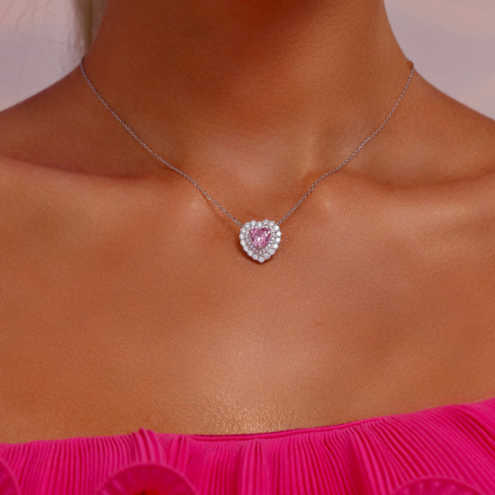 Double Halo Heart Cut High Carbon Diamond Pendant Necklace - Rhodium Plated Sterling Silver - Pink - Necklace - ONNNIII