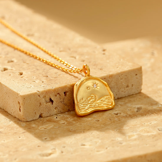 Textured Half Moon Star Ocean Pendant Necklace - 18K Gold Vermeil - Necklace - ONNNIII