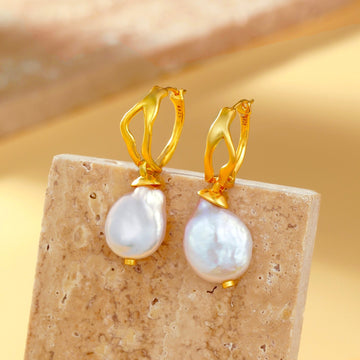 Keshi Pearl Hoop Drop Earrings - 22K Gold Vermeil - Earrings - ONNNIII