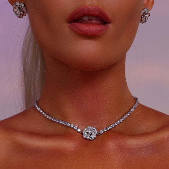 Rose Pendant Tennis Choker Necklace - Cubic Zirconia - Necklace - ONNNIII