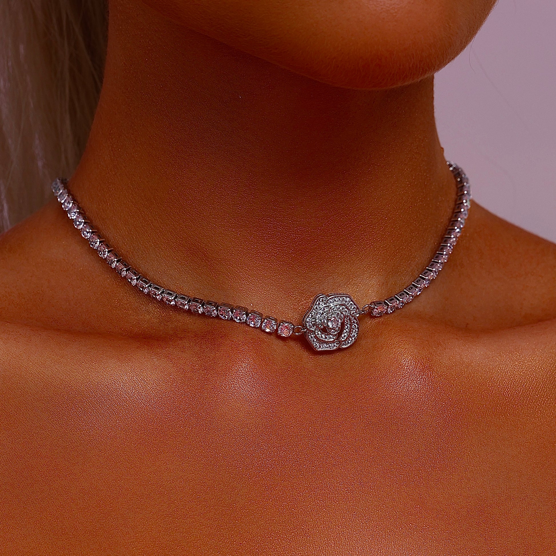 Rose Pendant Tennis Choker Necklace - Cubic Zirconia - Necklace - ONNNIII