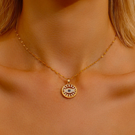 Evil Eye Circle Pendant Necklace - 18K Gold Plated - Hypoallergenic - Necklace - ONNNIII