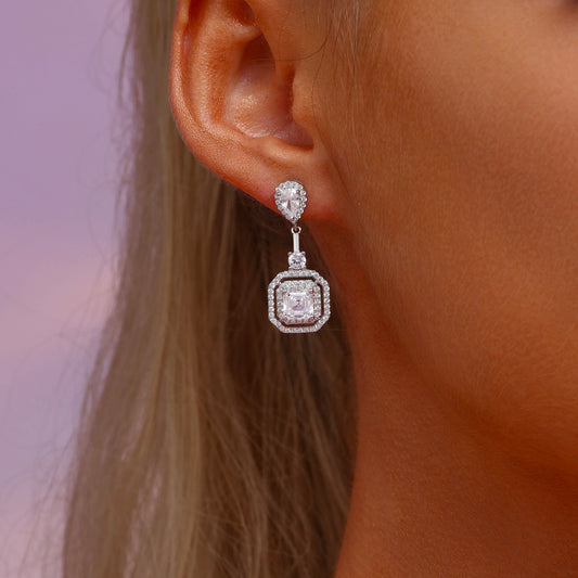 3 Stone Drop Earrings - Halo Pear Round Asscher Cut High Carbon Diamonds - Rhodium Plated Sterling Silver - Earrings - ONNNIII