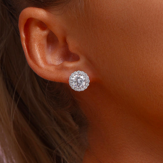 Halo Round Cut High Carbon Diamond Stud Earrings - Rhodium Plated Sterling Silver - Earrings - ONNNIII