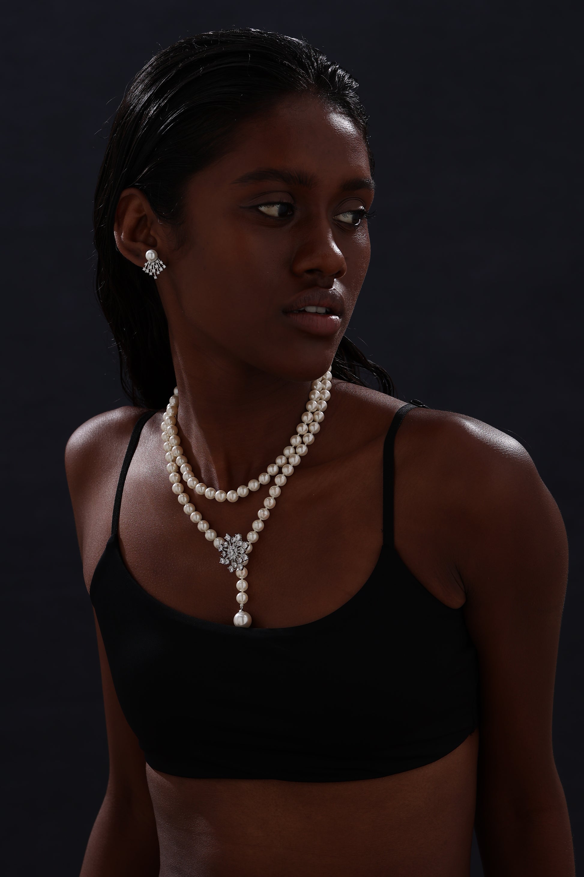 Snow Flower CZ Pearl Beaded Drop Necklace - Worn in 4 Ways - White - Long Necklace - ONNNIII