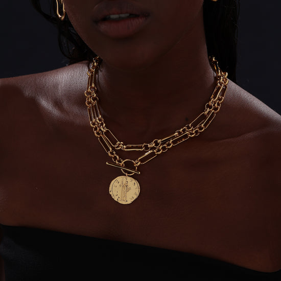 T-bar Curb Chain Necklace with Ancient Coin - Unisex - 18K Gold Plated - Necklace - ONNNIII