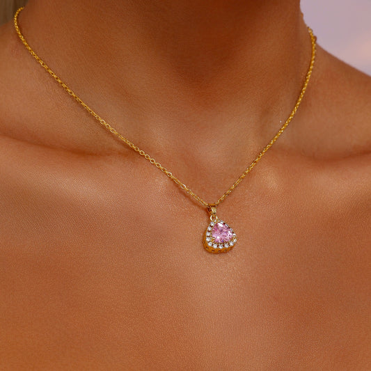 Halo Triangle CZ Pendant Necklace - 18K Gold Plated - Hypoallergenic - Pink - Necklace - ONNNIII