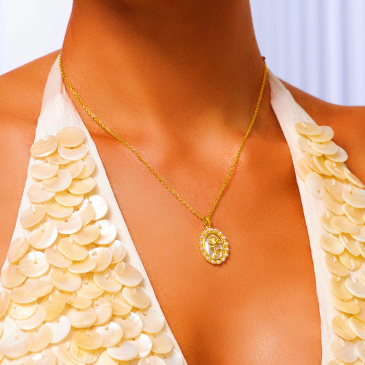 Rose Pendant Necklace Inlaid with Pearl - 18K Gold Plated - Hypoallergenic - Necklace - ONNNIII
