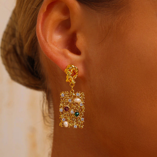 Rectangular Branch Drop Earrings - Pearls Cubic Zirconia Inlaid - 18K Gold Plated - Earrings - ONNNIII