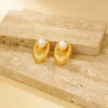 Oval Textured Stud Earrings Inlaid with Pearl - Earrings - ONNNIII