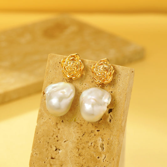 Baroque Pearl Rose Stud Drop Earrings - Earrings - ONNNIII