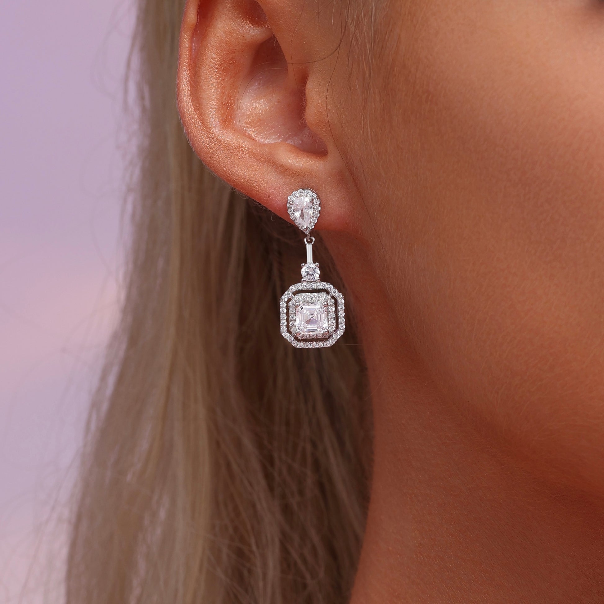 Sterling Silver Rhodium Plated and CZ Stud Halo Earring