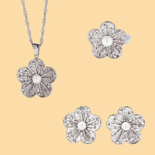 Blossom Set 2 | Necklace Earrings Ring | Silver - ONNNIII