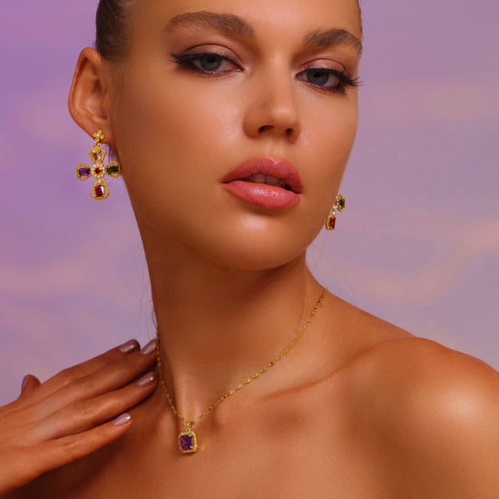 Cross Drop Earrings in Multi-Colour CZ - 18K Gold Plated - Pearl Inlaid - Earrings - ONNNIII