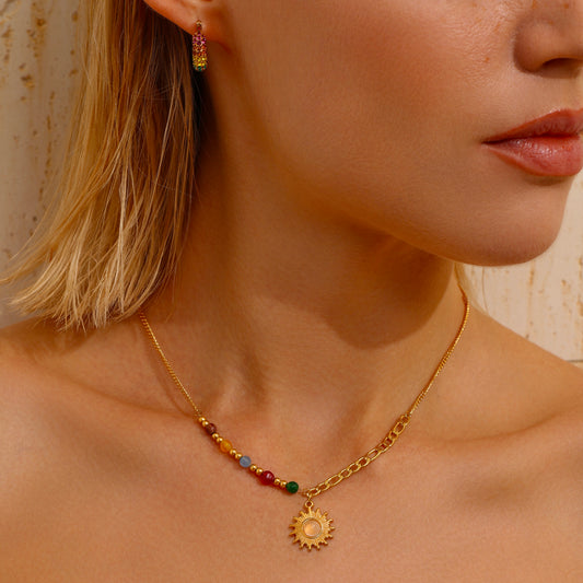 Sun Pendant Coloured Stone and Gold Ball Beaded Chain Necklace - 18K Gold Plated - Hypoallergenic - Necklace - ONNNIII