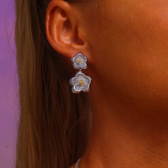 Dual Flower Bold Drop Earrings - Silver - Earrings - ONNNIII