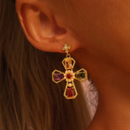 Cross Drop Earrings in Multi-Colour CZ - 18K Gold Plated - Pearl Inlaid - Earrings - ONNNIII