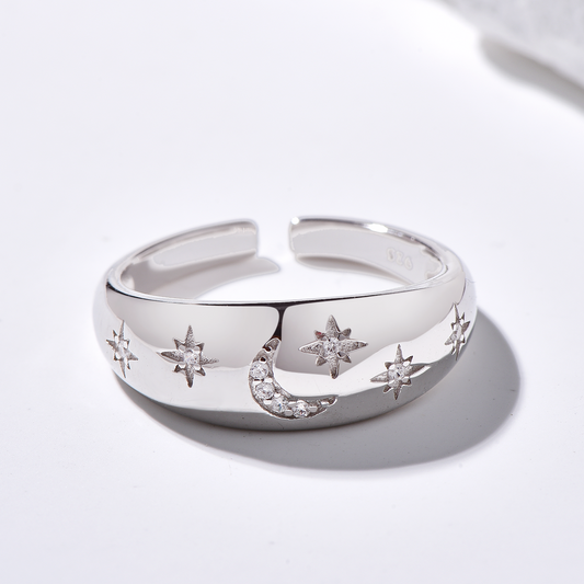 Moon and Star CZ Inlaid Open Ring - Sterling Silver - Hypoallergenic - Ring - ONNNIII