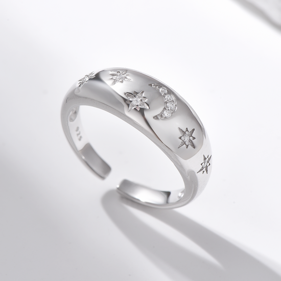 Moon and Star CZ Inlaid Open Ring - Sterling Silver - Hypoallergenic - Ring - ONNNIII