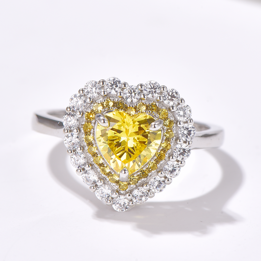 Double Halo Heart Cut High Carbon Diamond Ring 8mm - Rhodium Plated Sterling Silver - Yellow - Ring - ONNNIII