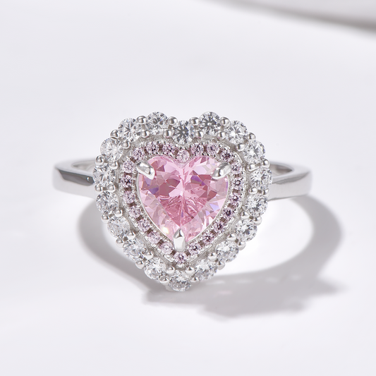 Double Halo Heart Cut High Carbon Diamond Ring 8mm - Rhodium Plated Sterling Silver - Pink - Ring - ONNNIII
