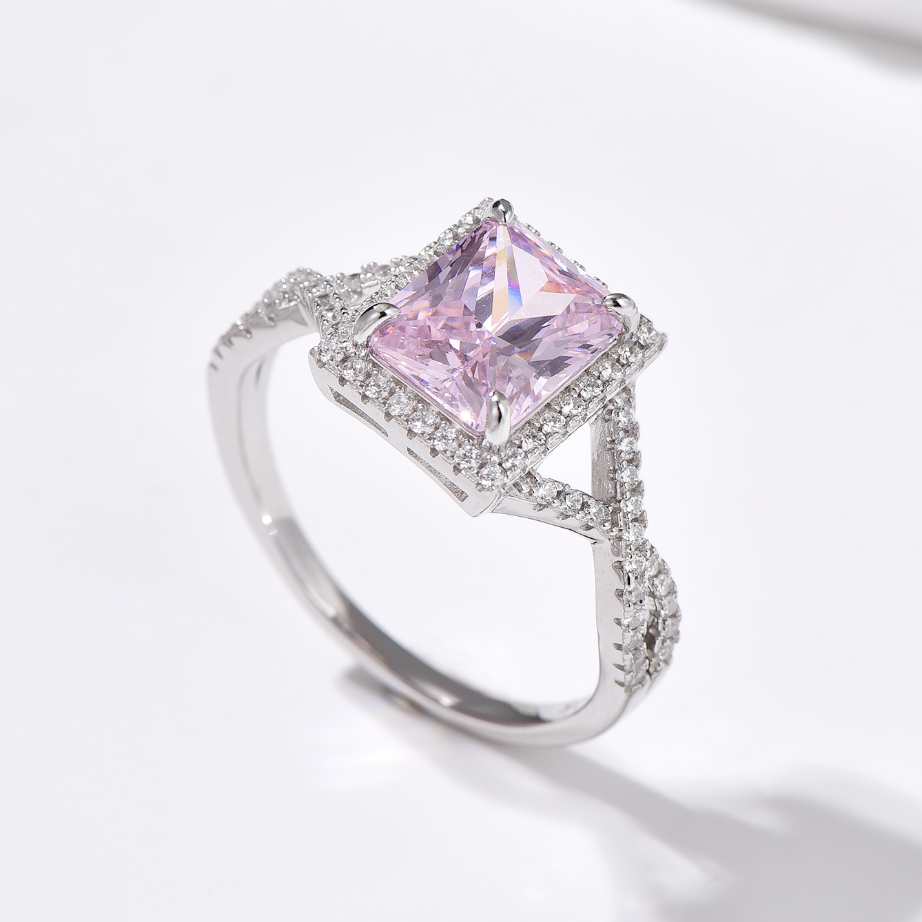 Halo Radiant Cut High Carbon Diamond Pavé Ring - Rhodium Plated Sterling Silver - Pink - Ring - ONNNIII