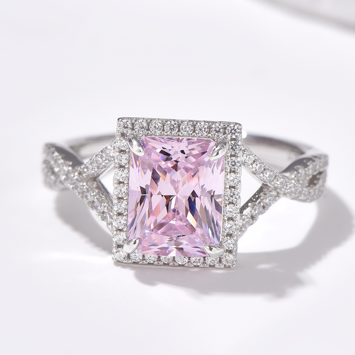 Halo Radiant Cut High Carbon Diamond Pavé Ring - Rhodium Plated Sterling Silver - Pink - Ring - ONNNIII