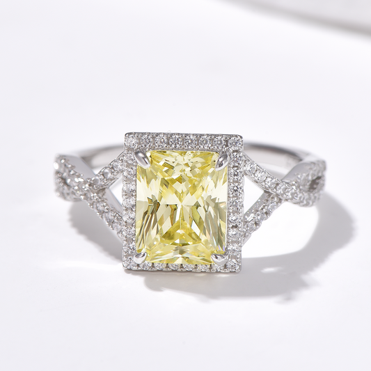 Halo Radiant Cut High Carbon Diamond Pavé Ring - Rhodium Plated Sterling Silver - Yellow - Ring - ONNNIII