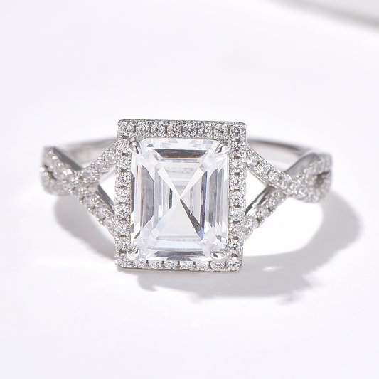 Halo Emerald Cut High Carbon Diamond Pavé Ring - Rhodium Plated Sterling Silver - White - Ring - ONNNIII